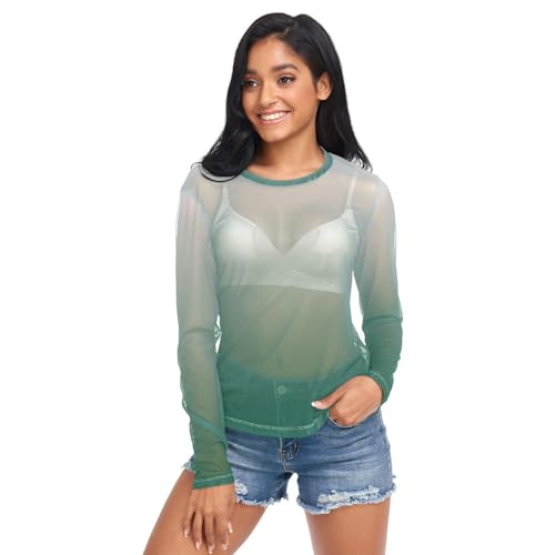 Gradient Army Green Women's Long Sleeve See Through Mesh Sheer Top
